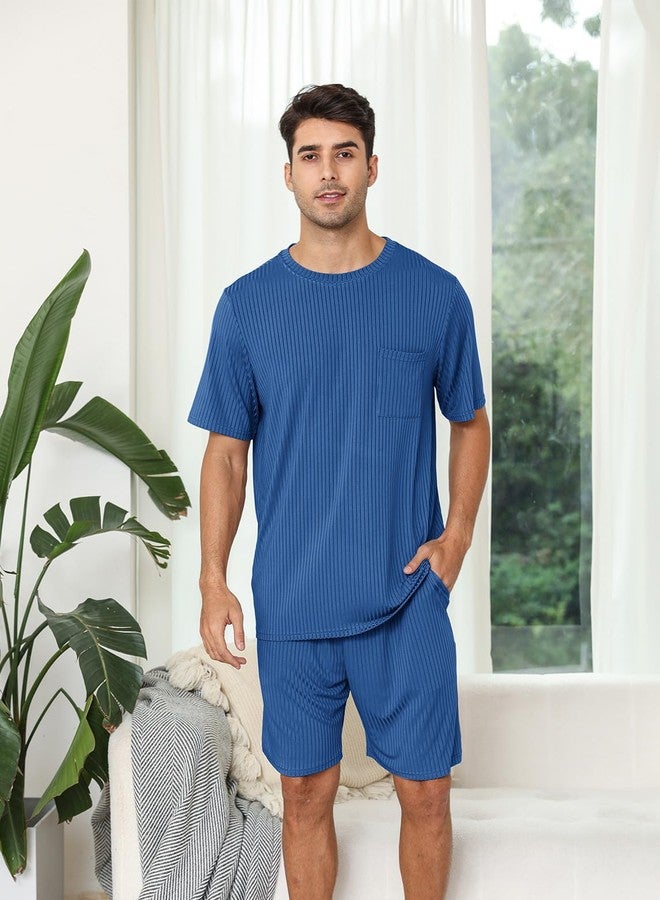 EISHOPEER Mens Pajama Set Kint Ribbed Sleepwear Nightwear Soft Short Sleeve Crew-Neck Pjs Sleep Set With Pockets Peacock BlueLarge - Image 2